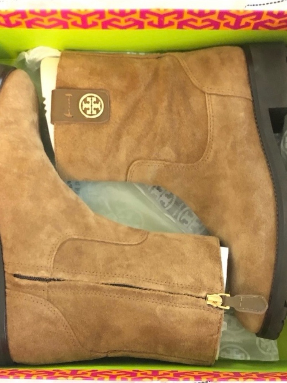 Tory Burch Chestnut Suede Zip Ankle Boots with Gold Logo Size 8